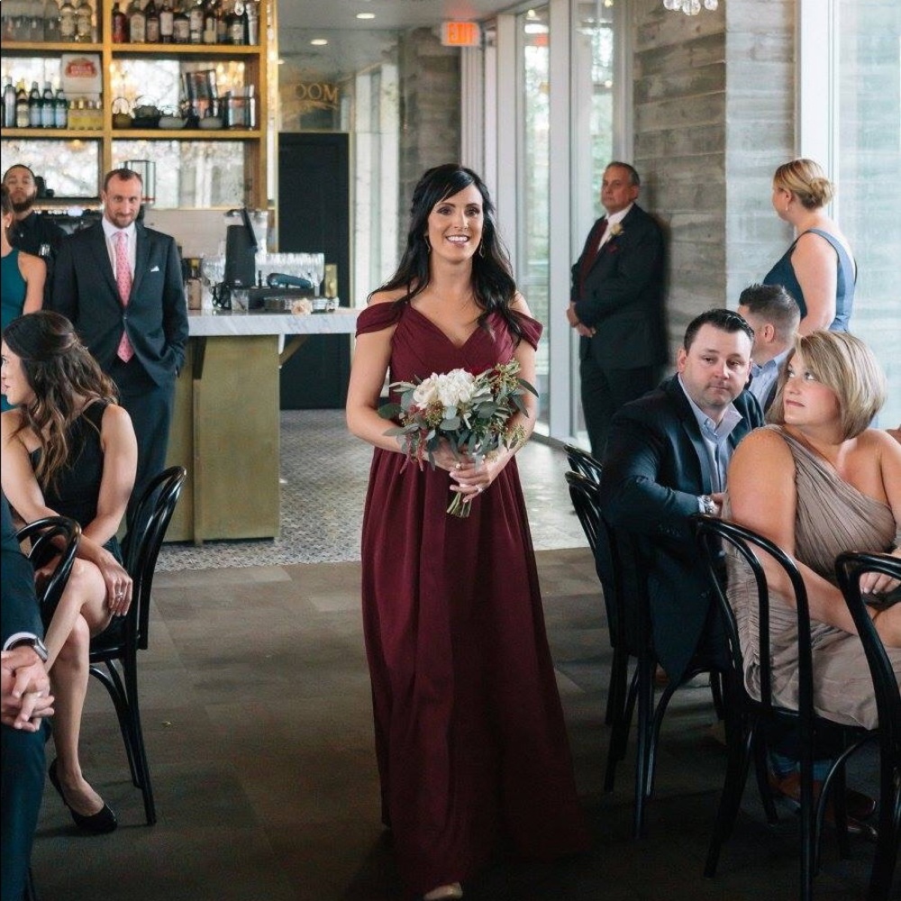 Burgundy/maroon off the shoulder bridesmaid dress